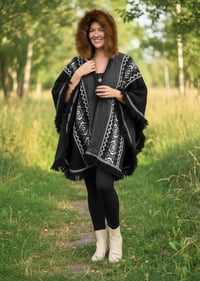 Image 6 of Handwoven Wool Poncho, Faux Fur Hood, Festival Winter Wear - Black & Gray 