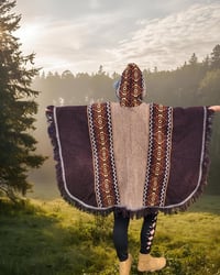 Image 10 of Handwoven Wool Poncho, Faux Fur Hood, Festival Winter Wear - Brown