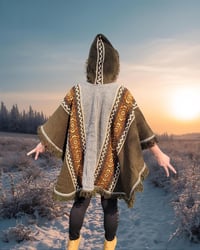 Image 7 of Handwoven Wool Poncho, Faux Fur Hood, Festival Winter Wear - Earthy Green
