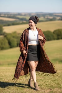 Image 10 of Hooded Fringe Coat  | Cozy Wizard Cloak |  Orange Black Trendy Festival Coat