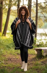 Image 7 of Handwoven Wool Poncho, Faux Fur Hood, Festival Winter Wear - Black & Gray 