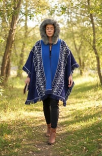 Image 11 of Handwoven Wool Poncho, Faux Fur Hood, Festival Winter Wear - Blue
