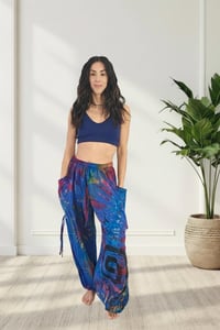 Image 3 of Thai Tie Dye Psy Pants Cotton – Relaxed Fit Festival Trousers Cinch with Pockets - Blue - 474