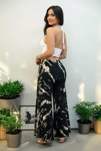 Image 3 of Boho Tie Dye Flare Pants – Black Cream Festival Palazzo Trousers - 413