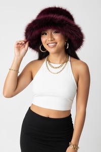 Image 4 of Black Burgundy Faux Fur Festival Hat – Fluffy Rave Bucket Hat, Winter Headwear - 162