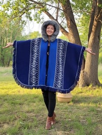 Image 7 of Handwoven Wool Poncho, Faux Fur Hood, Festival Winter Wear - Blue