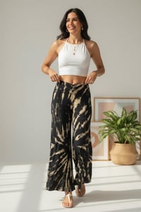 Image 9 of Boho Tie Dye Flare Pants – Black Cream Festival Palazzo Trousers - 413