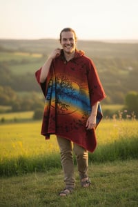 Image 1 of Tree of Life Warm Hooded Festival Poncho - Red