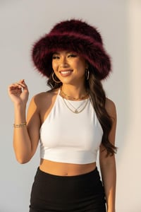 Image 5 of Black Burgundy Faux Fur Festival Hat – Fluffy Rave Bucket Hat, Winter Headwear - 162