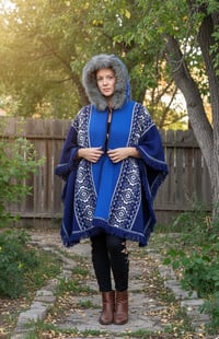 Image 12 of Handwoven Wool Poncho, Faux Fur Hood, Festival Winter Wear - Blue