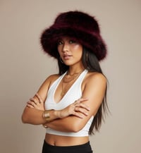 Image 1 of Black Burgundy Faux Fur Festival Hat – Fluffy Rave Bucket Hat, Winter Headwear - 162
