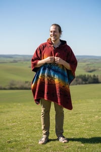 Image 7 of Tree of Life Warm Hooded Festival Poncho - Red