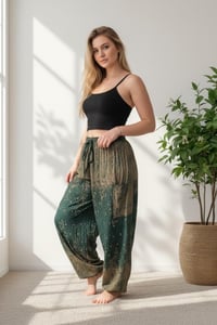 Image 4 of Starry Night Harem Pants Green | High Crotch Boho Trousers with Elastic Waist