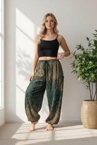 Image 1 of Starry Night Harem Pants Green | High Crotch Boho Trousers with Elastic Waist