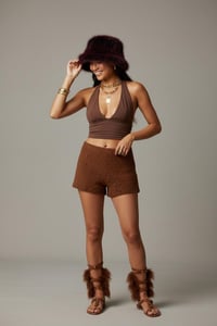 Image 8 of Black Burgundy Faux Fur Festival Hat – Fluffy Rave Bucket Hat, Winter Headwear - 162