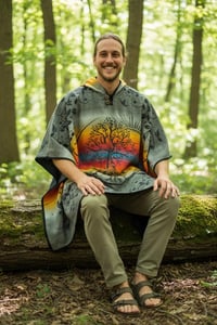 Image 8 of Tree of Life Warm Hooded Festival Poncho - Grey