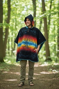 Image 9 of Tree of Life Warm Hooded Festival Poncho - Blue