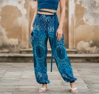 Image 2 of Paisley Harem Pants with Pockets, Boho Festival Trousers, High Crotch Unisex Teal - 515