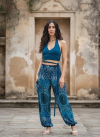 Image 3 of Paisley Harem Pants with Pockets, Boho Festival Trousers, High Crotch Unisex Teal - 515