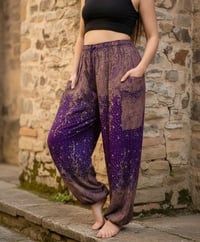 Image 2 of Paisley Harem Pants with Pockets, Boho Festival Trousers, High Crotch Unisex Lounge Pants Purple
