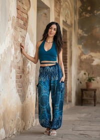 Image 4 of Paisley Harem Pants with Pockets, Boho Festival Trousers, High Crotch Unisex Teal - 515