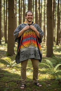 Image 9 of Tree of Life Warm Hooded Festival Poncho - Grey