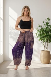 Image 3 of Paisley Harem Pants with Pockets, Boho Festival Trousers, High Crotch Unisex Lounge Pants Purple