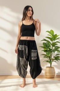 Image 3 of Thai Cotton Harem Pants Boho Festival Unisex Trousers Tribal Patchwork Black White - 428