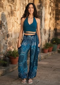 Image 1 of Paisley Harem Pants with Pockets, Boho Festival Trousers, High Crotch Unisex Teal - 515