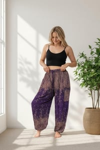 Image 4 of Paisley Harem Pants with Pockets, Boho Festival Trousers, High Crotch Unisex Lounge Pants Purple