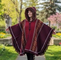 Image 2 of Handwoven Wool Poncho with Faux Fur Hood, Bohemian Tribal Pattern Cape
