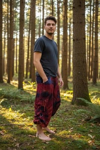 Image 3 of Thai Tie Dye Festival Pants with Pockets, Boho Psy Harem Trousers Unisex Red - 471