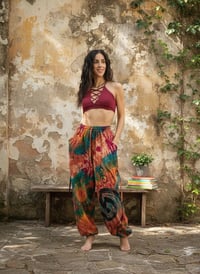 Image 2 of Thai Tie Dye Festival Pants with Pockets, Boho Psy Harem Trousers Unisex Orange - 473