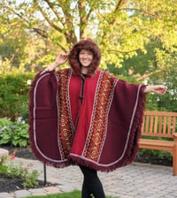 Image 1 of Handwoven Wool Poncho with Faux Fur Hood, Bohemian Tribal Pattern Cape