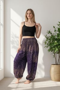 Image 6 of Paisley Harem Pants with Pockets, Boho Festival Trousers, High Crotch Unisex Lounge Pants Purple