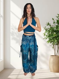 Image 6 of Paisley Harem Pants with Pockets, Boho Festival Trousers, High Crotch Unisex Teal - 515