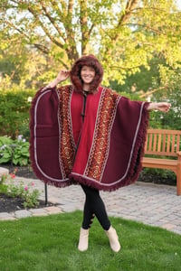 Image 3 of Handwoven Wool Poncho with Faux Fur Hood, Bohemian Tribal Pattern Cape
