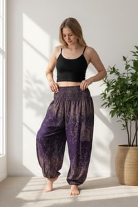 Image 7 of Paisley Harem Pants with Pockets, Boho Festival Trousers, High Crotch Unisex Lounge Pants Purple