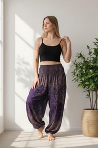 Image 8 of Paisley Harem Pants with Pockets, Boho Festival Trousers, High Crotch Unisex Lounge Pants Purple
