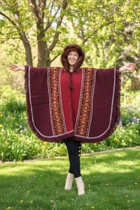 Image 4 of Handwoven Wool Poncho with Faux Fur Hood, Bohemian Tribal Pattern Cape