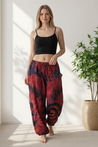 Image 7 of Thai Tie Dye Festival Pants with Pockets, Boho Psy Harem Trousers Unisex Red - 471