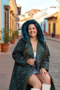 Image 7 of Hooded Fringe Cloak - Teal Fur, Boho Wizard Coat