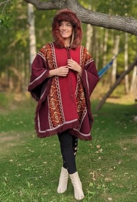 Image 6 of Handwoven Wool Poncho with Faux Fur Hood, Bohemian Tribal Pattern Cape