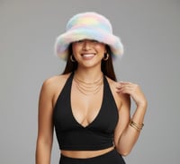 Image 3 of Faux Fur Bucket Hat Festival Rave Plush Pastel Rainbow Statement - 153