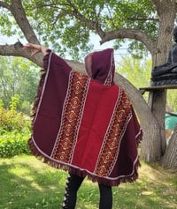 Image 7 of Handwoven Wool Poncho with Faux Fur Hood, Bohemian Tribal Pattern Cape