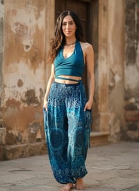 Image 10 of Paisley Harem Pants with Pockets, Boho Festival Trousers, High Crotch Unisex Teal - 515