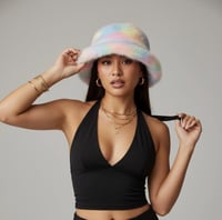 Image 1 of Faux Fur Bucket Hat Festival Rave Plush Pastel Rainbow Statement - 153