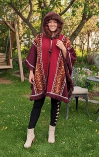 Image 8 of Handwoven Wool Poncho with Faux Fur Hood, Bohemian Tribal Pattern Cape