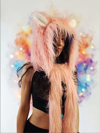Image 1 of Faux Fur Bear Hood with Paws – Festival Rave Animal Hood Kandi Boho Pink - 103