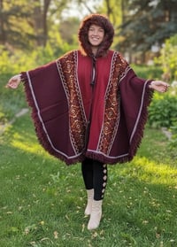 Image 9 of Handwoven Wool Poncho with Faux Fur Hood, Bohemian Tribal Pattern Cape